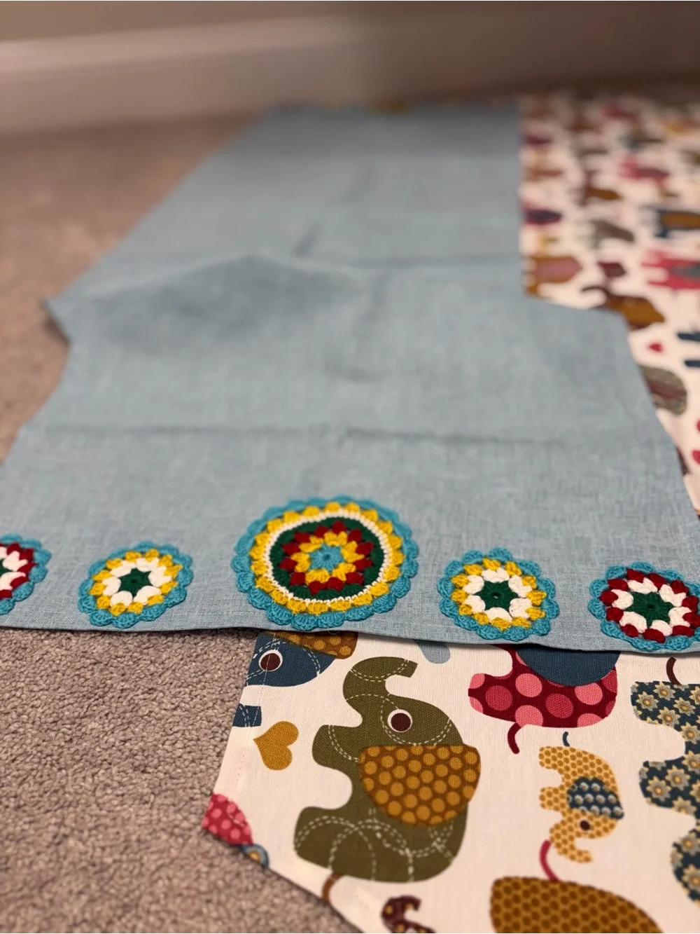 Handmade Blue Table Runner or  Colorful Elephant Print made by my mother